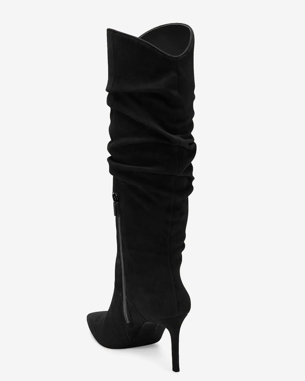 Coutgo Womens Knee High Boots Faux Suede Almond Toe Stiletto High Heel Slouchy Side Zipper Booties