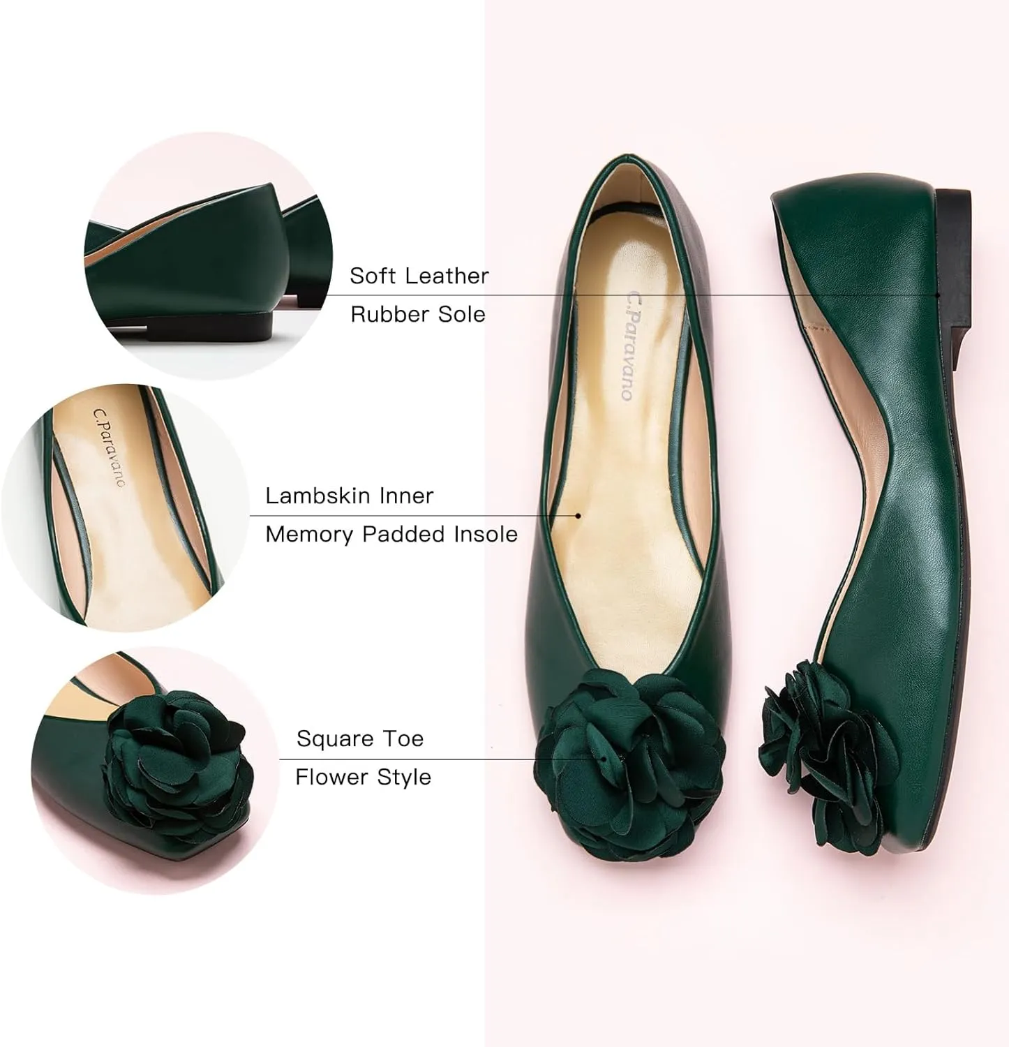 C.Paravano Ballet Flats for Women | Womens Flats Shoes | Square Toe Flats| Women's Flats | Slip On Dress Shoes | Flower Shoes