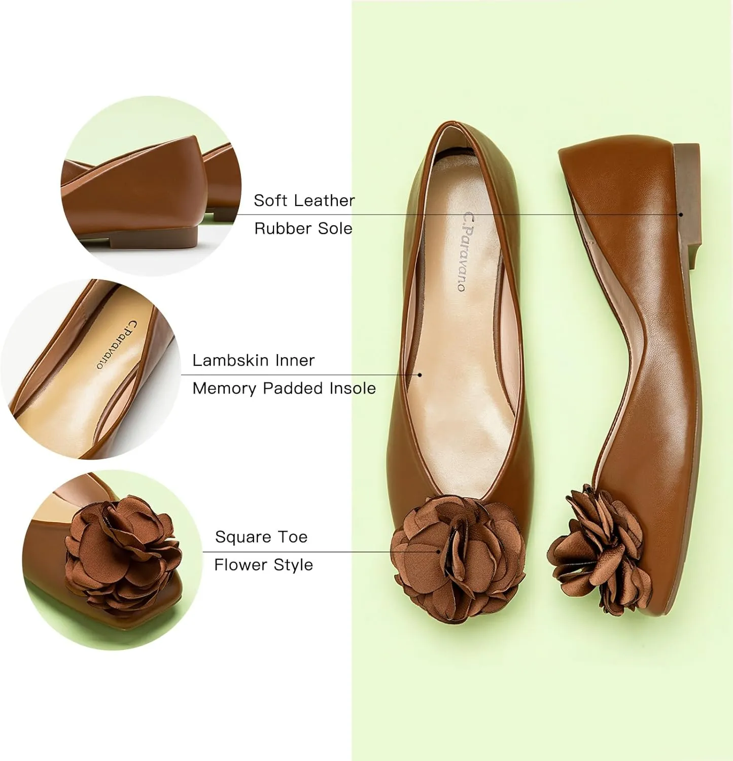C.Paravano Ballet Flats for Women | Womens Flats Shoes | Square Toe Flats| Women's Flats | Slip On Dress Shoes | Flower Shoes