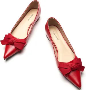 C.Paravano Pointy Bow Flats Women's Flats Ballet Shoes for Women（Red,Size 8.5