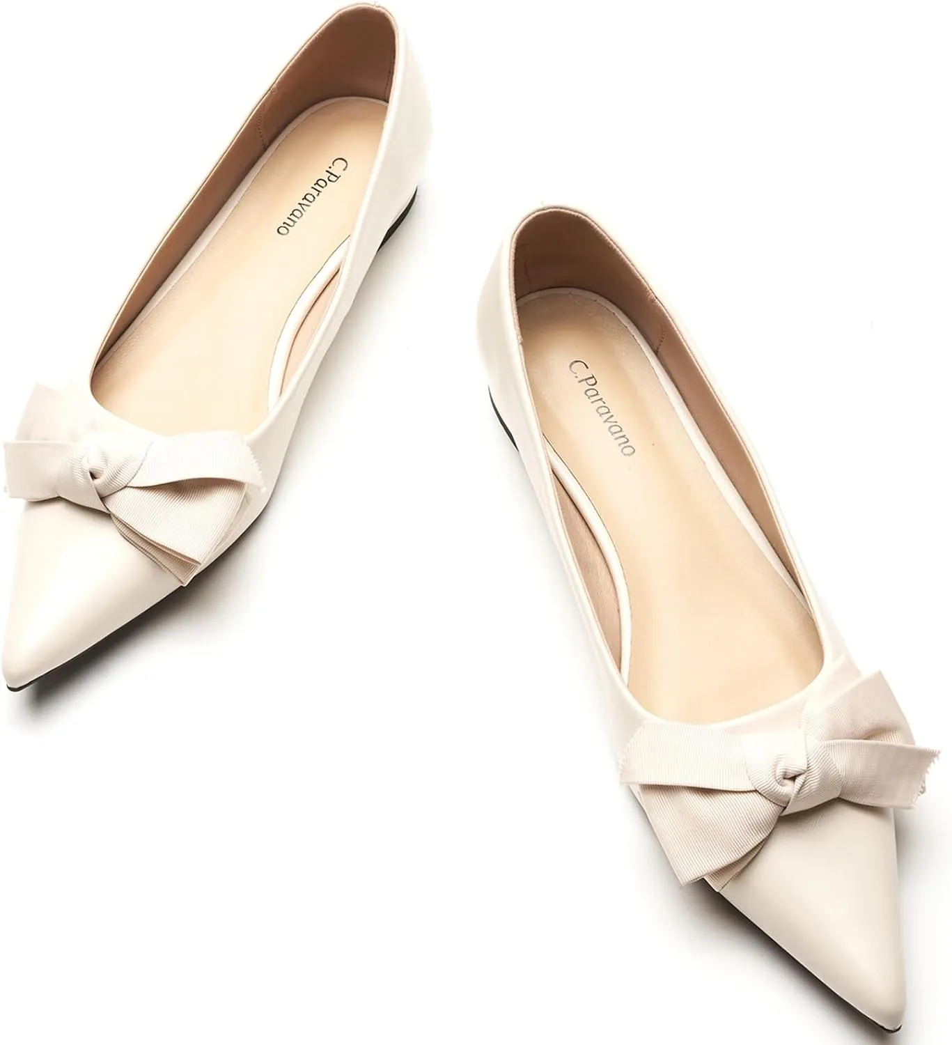 C.Paravano Pointy Bow Flats Women's Flats Ballet Shoes for Women（White,Size 10