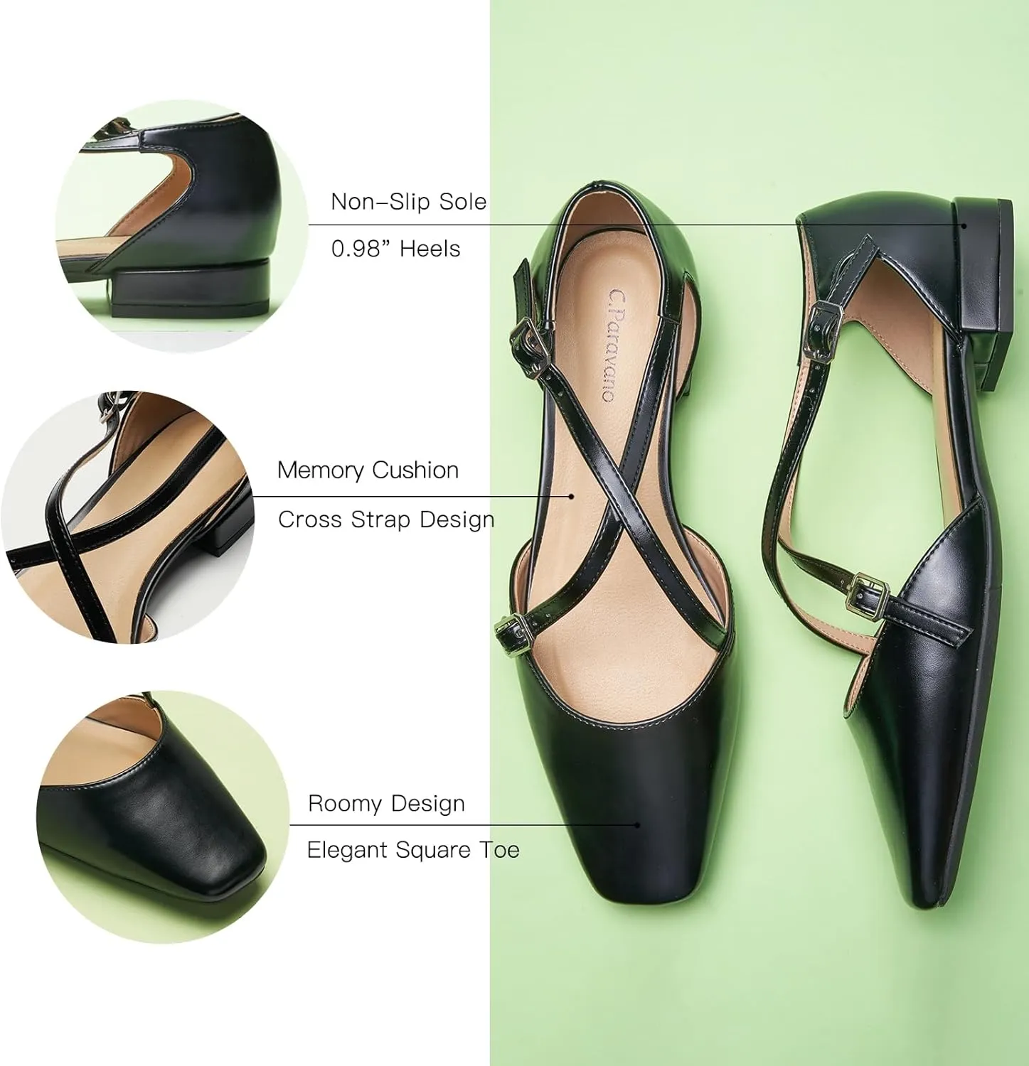 C.Paravano Women's Flats Square Toe Cross-Strap Sandals Stylish Comfortable Dress Shoes for Casual Wear, Work, Travel & Social Events
