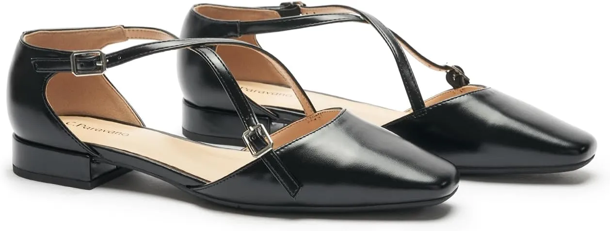 C.Paravano Women's Flats Square Toe Cross-Strap Sandals Stylish Comfortable Dress Shoes for Casual Wear, Work, Travel & Social Events