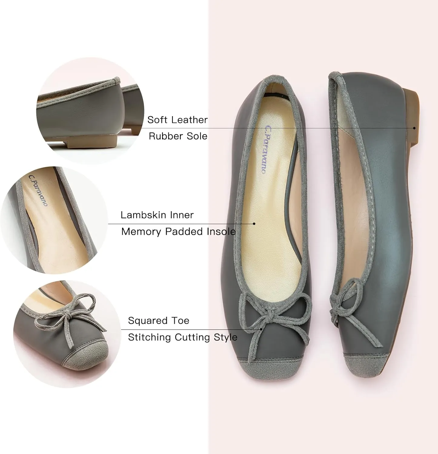 C.Paravano Women's Flats with Bowknot | Casual Slip On Dress Shoes | Comfortable Square Toe Shoes | Women Ballet Flats for Wedding Work Office Business