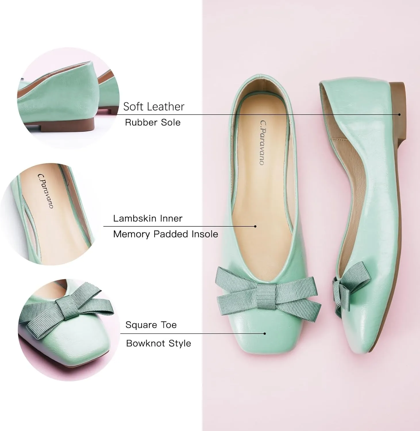 C.Paravano Women's Flats with Bowknot | Comfortable Square Toe Ballet Flats | Casual Slip On Flat Shoes | Women Dress Shoes for Walking Wedding Work Office