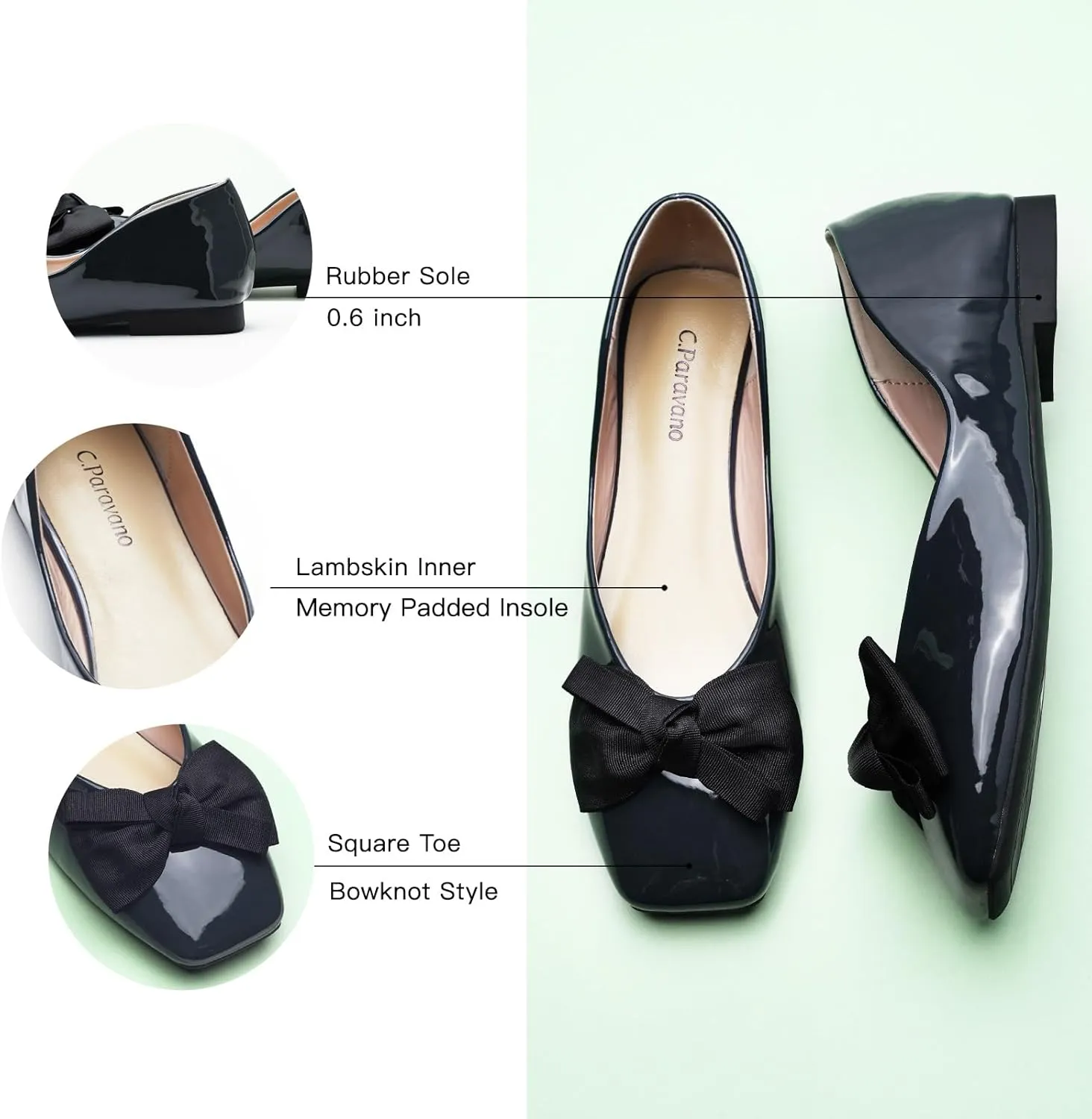 C.Paravano Women's Shoes with Bow | Casual Slip On Ballet Flats | Comfortable Square Toe Walking Shoes | Women Dressy Flats for Wedding Work Business Office