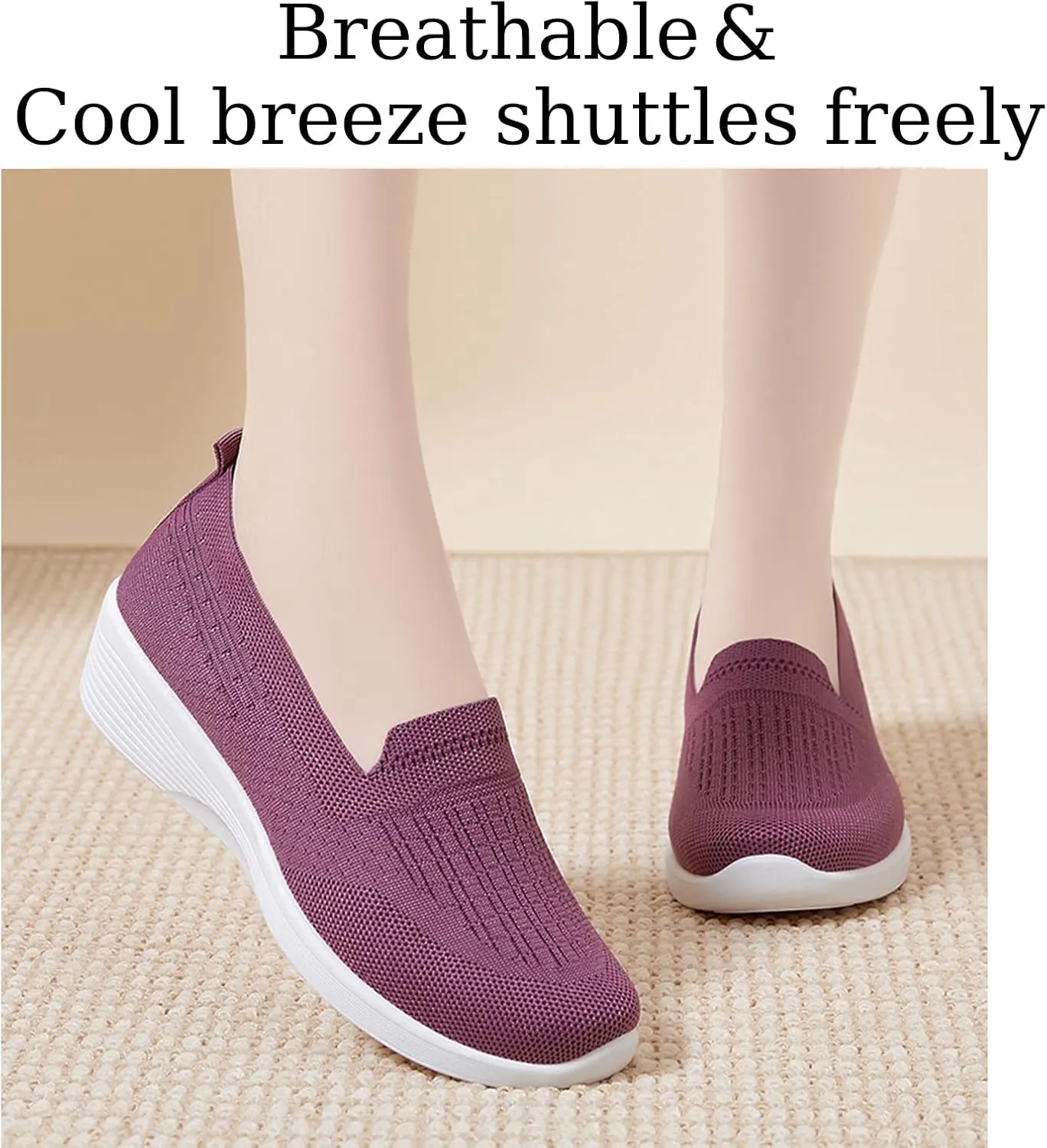 Crepuscute Women's Knitted Mesh Round Toe Low Wedge Loafers Slip On Lightweight Thicken Memory Foam Shoes Comfortable Non-Slip Soft Bottom Casual Walking Shoes