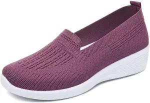 Crepuscute Women's Knitted Mesh Round Toe Low Wedge Loafers Slip On Lightweight Thicken Memory Foam Shoes Comfortable Non-Slip Soft Bottom Casual Walking Shoes