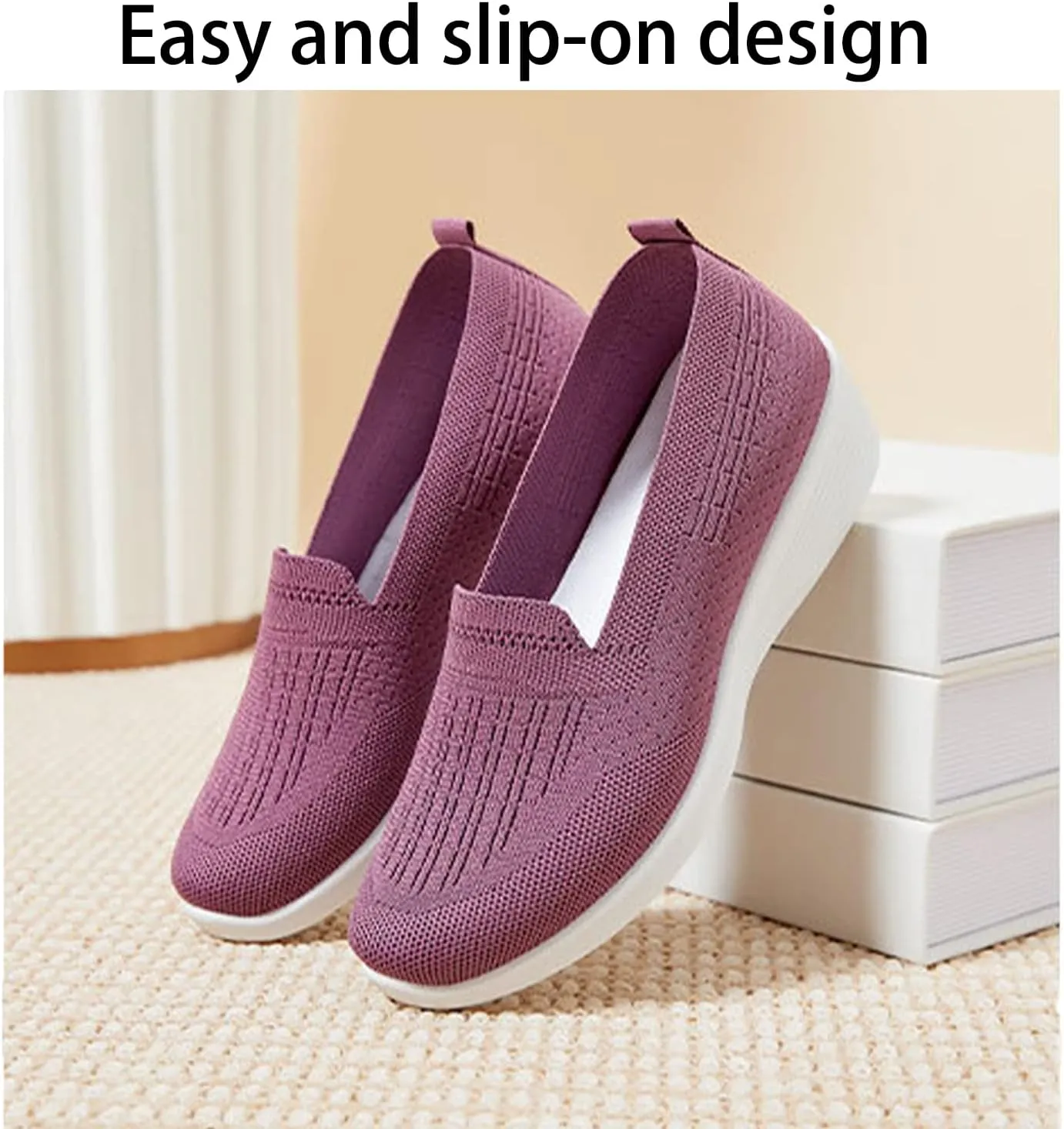 Crepuscute Women's Knitted Mesh Round Toe Low Wedge Loafers Slip On Lightweight Thicken Memory Foam Shoes Comfortable Non-Slip Soft Bottom Casual Walking Shoes