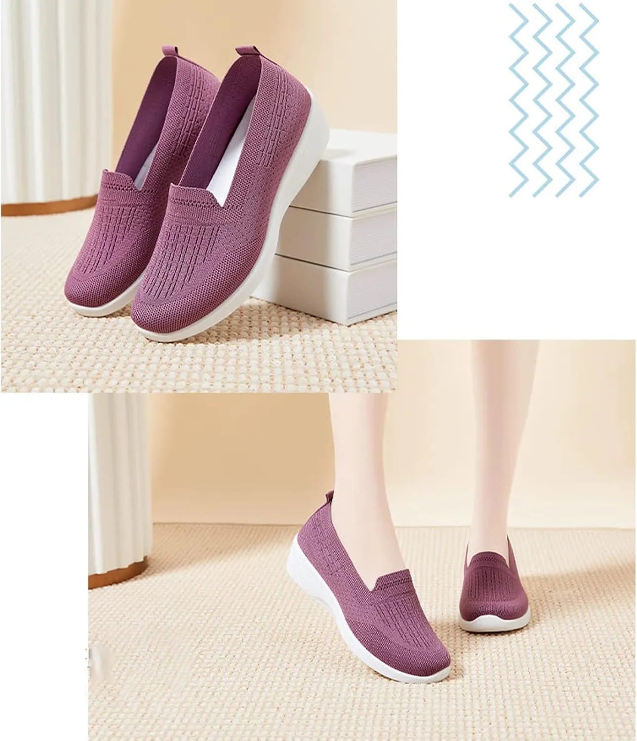 Crepuscute Women's Knitted Mesh Round Toe Low Wedge Loafers Slip On Lightweight Thicken Memory Foam Shoes Comfortable Non-Slip Soft Bottom Casual Walking Shoes