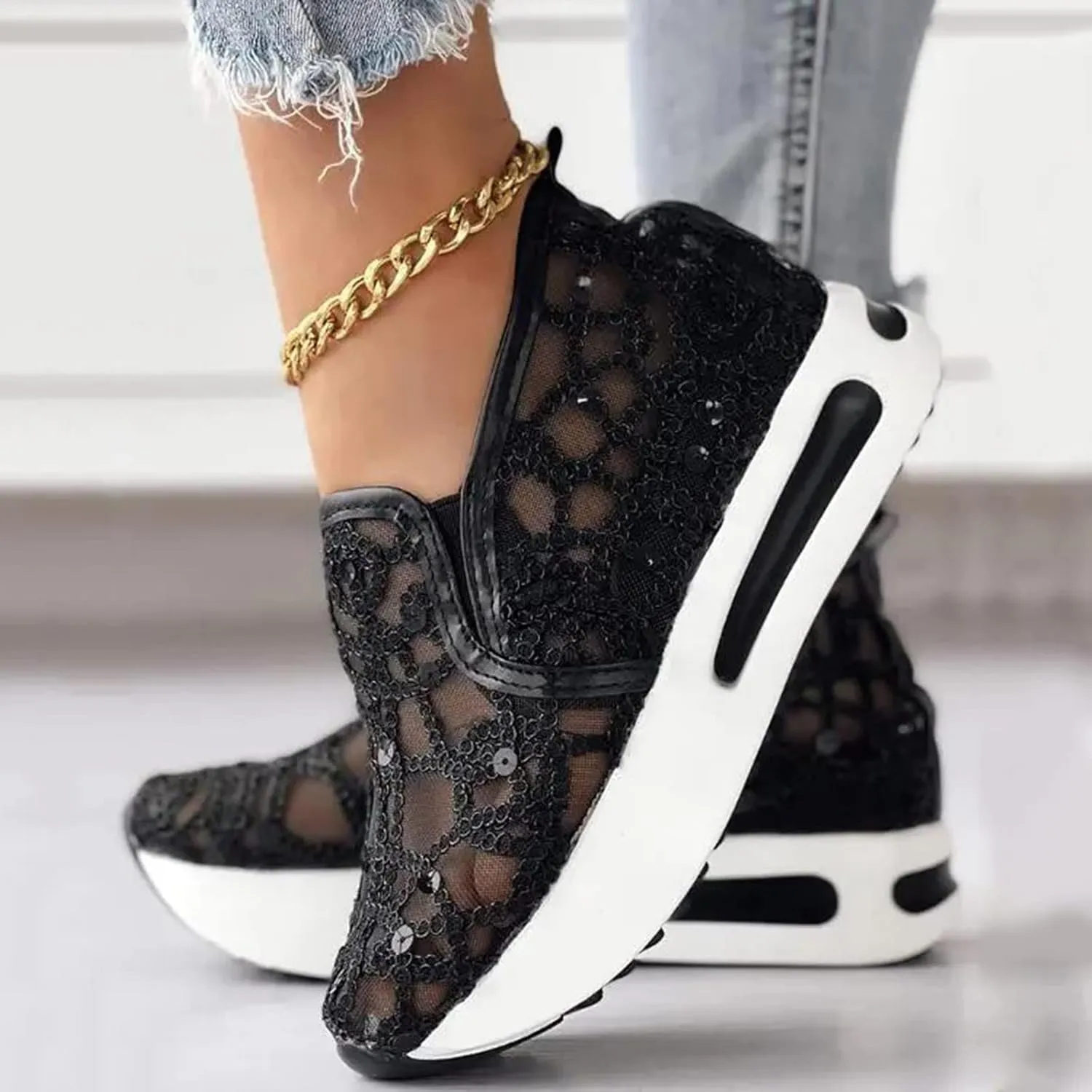Crzidha Platform Wedge Sneakers for Women,Floral Embroidery Breathable Shoes Sheer Mesh Slip On Wedge Shoes Dressy Casual Lace Loafers Sole Hidden High Heels Walking Fashion Sneakers
