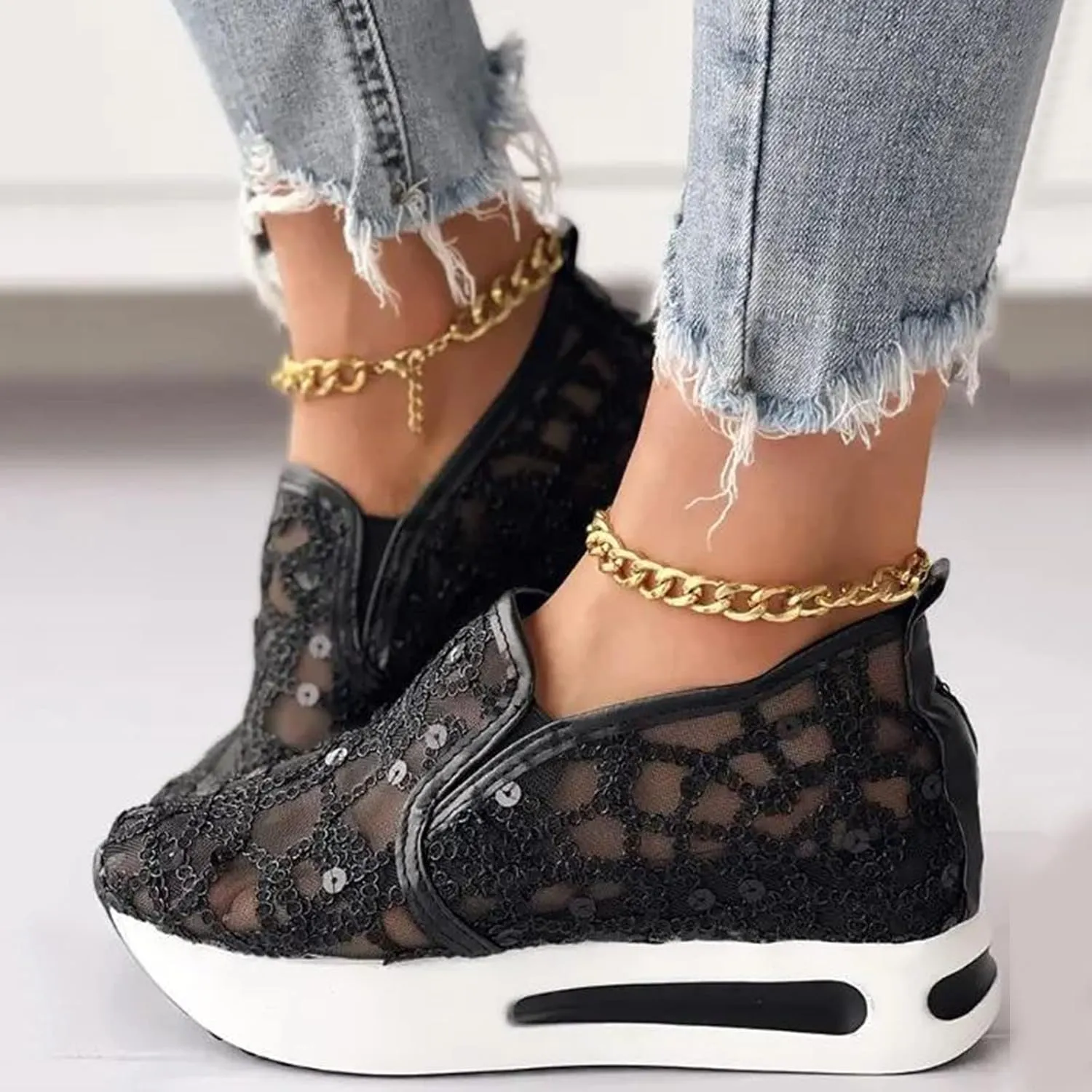 Crzidha Platform Wedge Sneakers for Women,Floral Embroidery Breathable Shoes Sheer Mesh Slip On Wedge Shoes Dressy Casual Lace Loafers Sole Hidden High Heels Walking Fashion Sneakers
