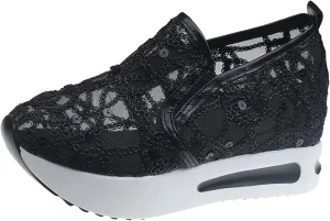 Crzidha Platform Wedge Sneakers for Women,Floral Embroidery Breathable Shoes Sheer Mesh Slip On Wedge Shoes Dressy Casual Lace Loafers Sole Hidden High Heels Walking Fashion Sneakers