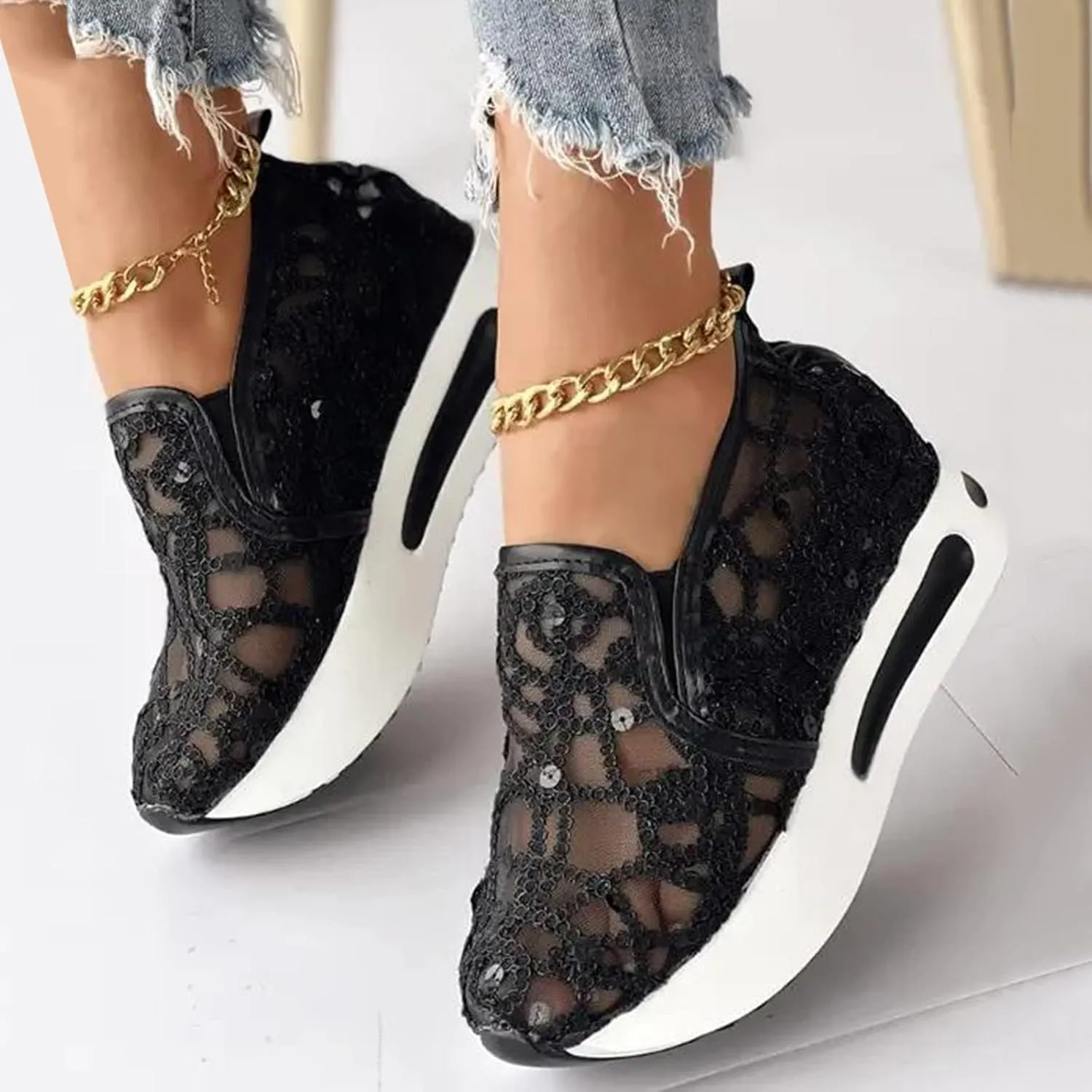 Crzidha Platform Wedge Sneakers for Women,Floral Embroidery Breathable Shoes Sheer Mesh Slip On Wedge Shoes Dressy Casual Lace Loafers Sole Hidden High Heels Walking Fashion Sneakers