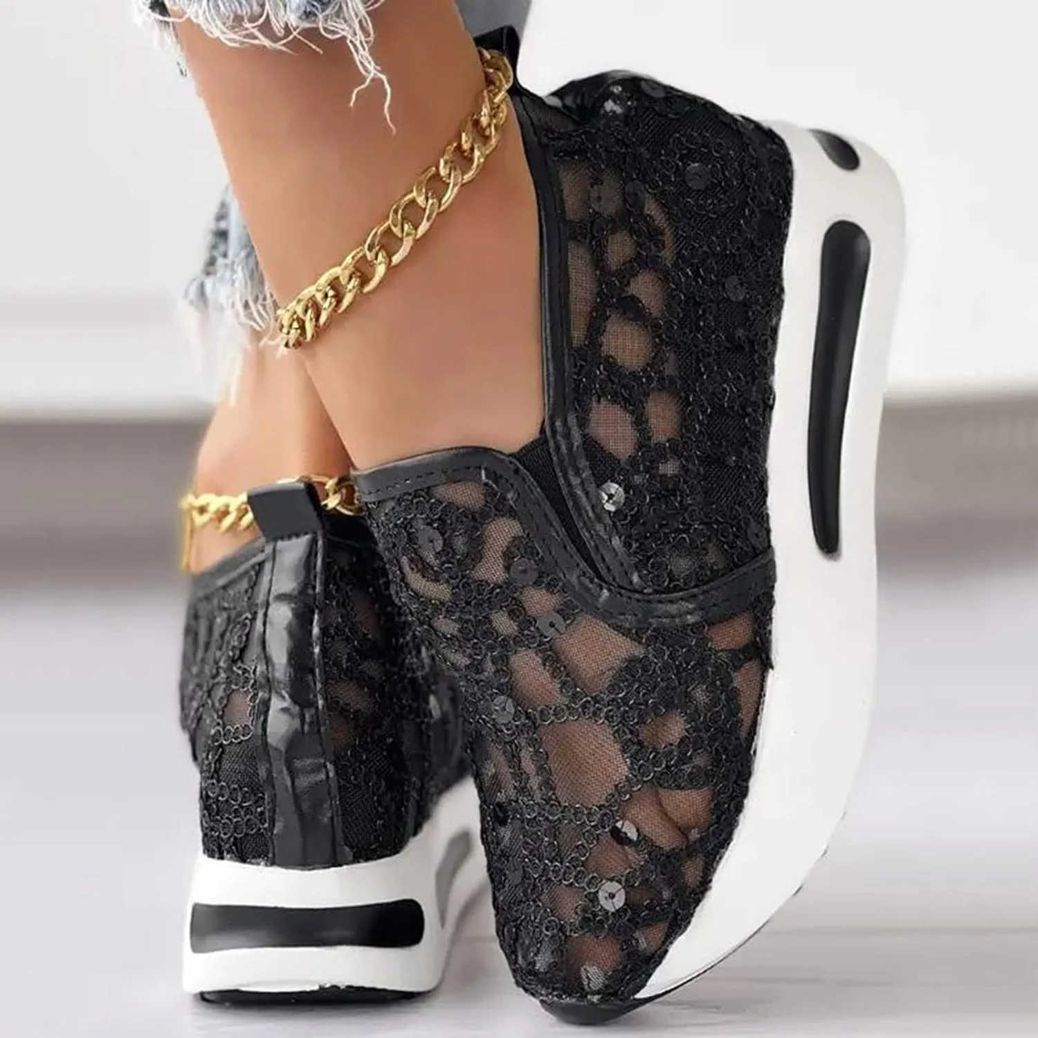 Crzidha Platform Wedge Sneakers for Women,Floral Embroidery Breathable Shoes Sheer Mesh Slip On Wedge Shoes Dressy Casual Lace Loafers Sole Hidden High Heels Walking Fashion Sneakers