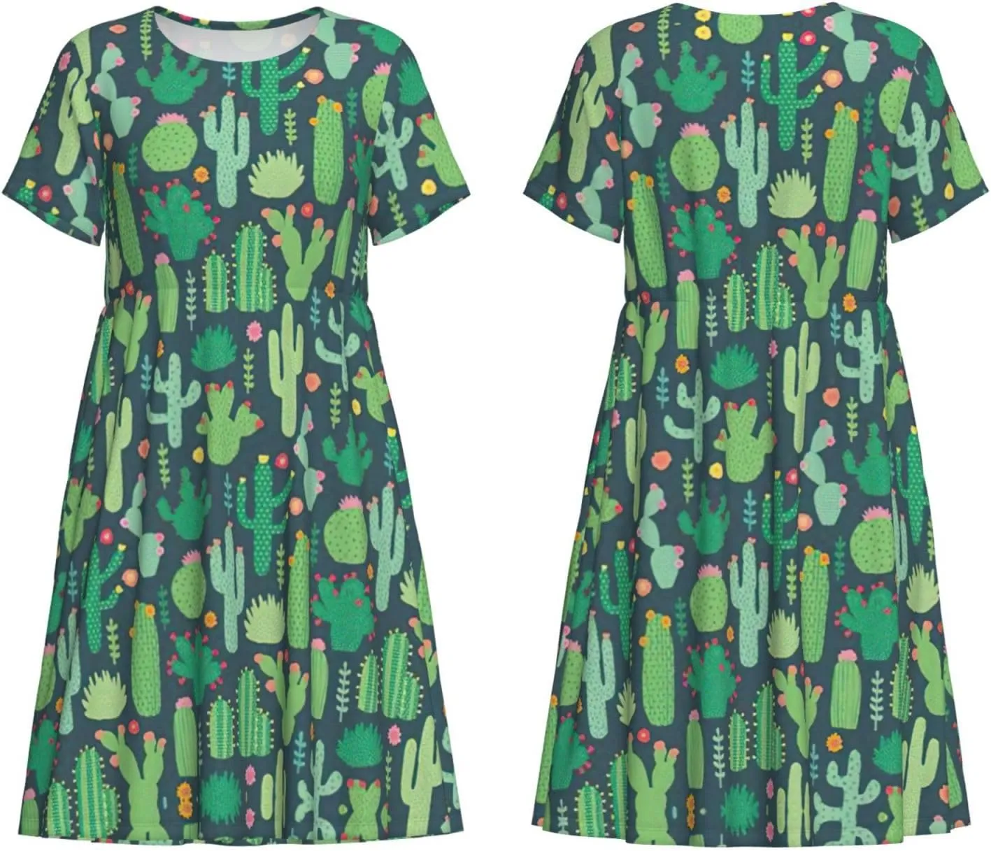 Cute Cactus Seamless Illustration Print Women's Short Sleeve Dress,Sundresses Summer A-Line Dress with Pockets