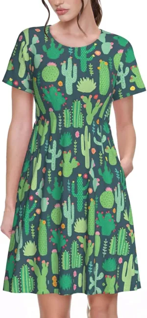 Cute Cactus Seamless Illustration Print Women's Short Sleeve Dress,Sundresses Summer A-Line Dress with Pockets