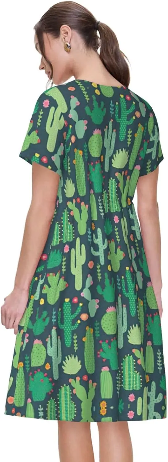 Cute Cactus Seamless Illustration Print Women's Short Sleeve Dress,Sundresses Summer A-Line Dress with Pockets