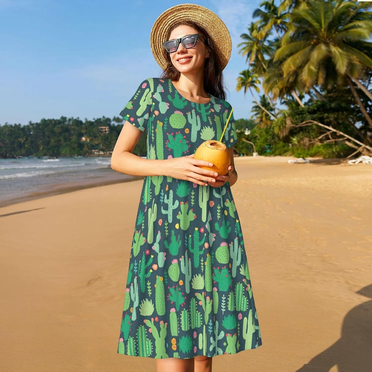 Cute Cactus Seamless Illustration Print Women's Short Sleeve Dress,Sundresses Summer A-Line Dress with Pockets