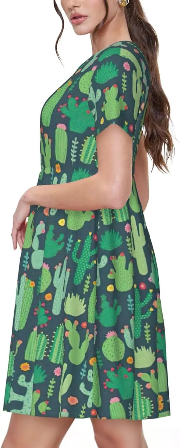 Cute Cactus Seamless Illustration Print Women's Short Sleeve Dress,Sundresses Summer A-Line Dress with Pockets