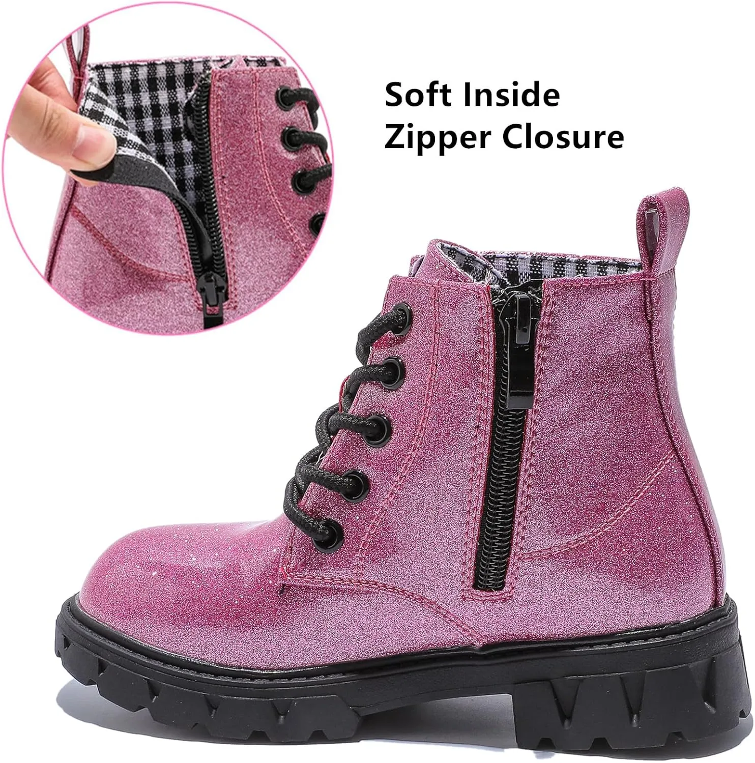 DADAWEN Boys Girls Glitter Ankle Boots Kids Lace Up Waterproof Combat Shoes With Side Zipper for Toddler/Little Kid/Big Kid