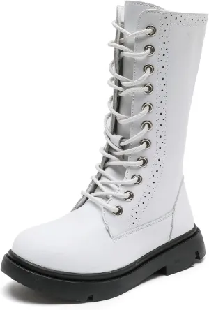DADAWEN Boys Girls Leather Lace-Up Waterproof Side Zipper Mid Calf Combat Riding Winter Boots (Toddler/Little Kid/Big Kid)