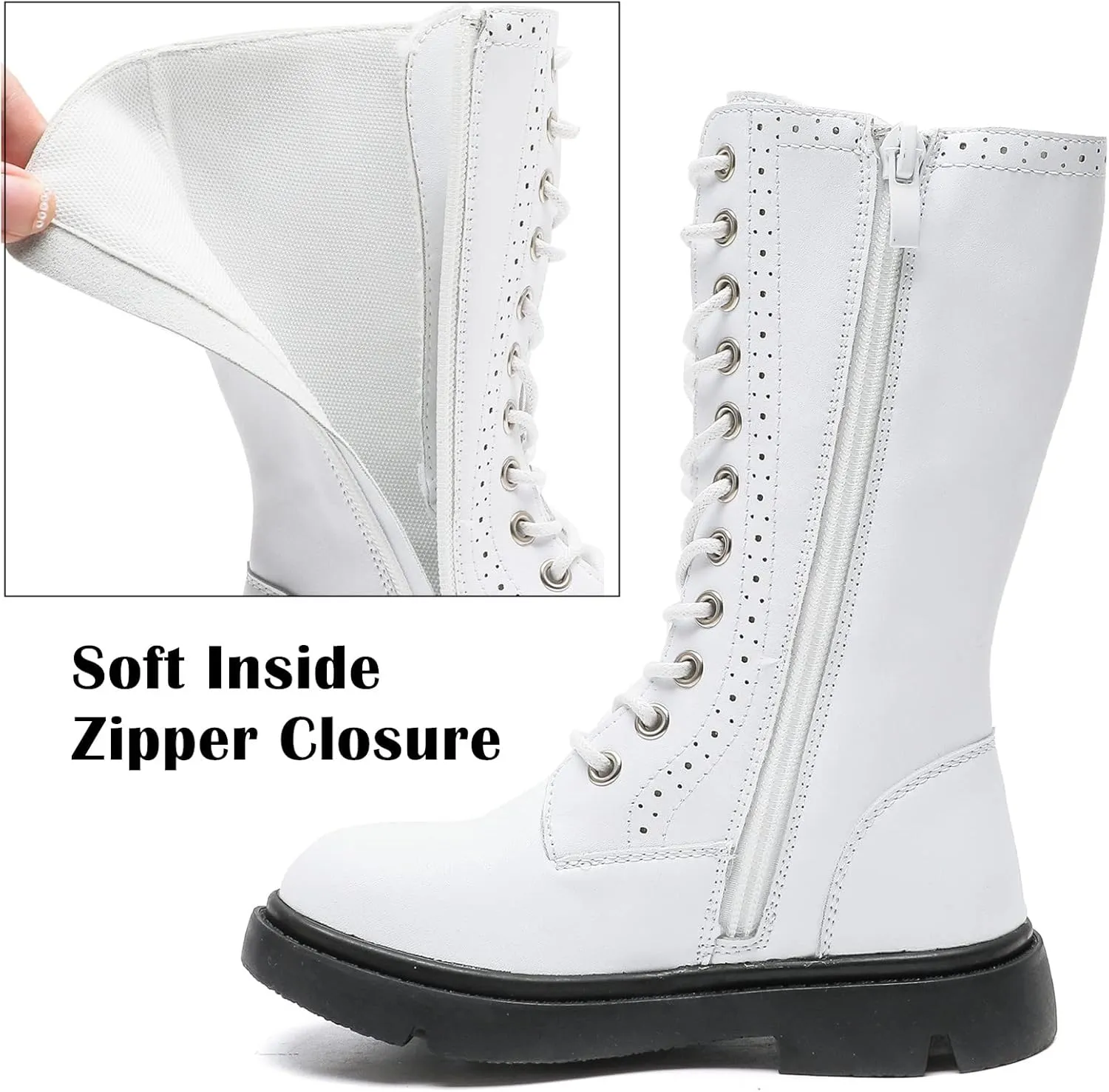DADAWEN Boys Girls Leather Lace-Up Waterproof Side Zipper Mid Calf Combat Riding Winter Boots (Toddler/Little Kid/Big Kid)