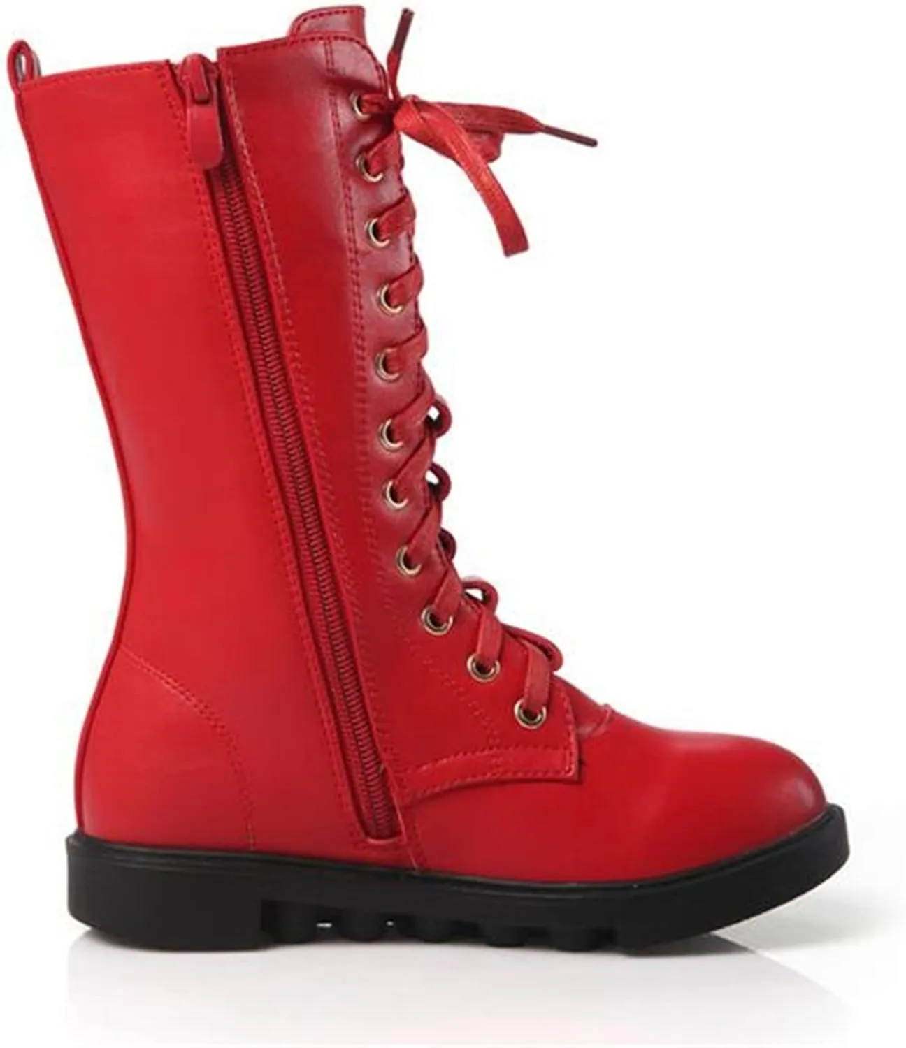 DADAWEN Kid's Girls Leather Lace-Up Zipper Mid Calf Combat Riding Winter Boots (Toddler/Little Kid/Big Kid)