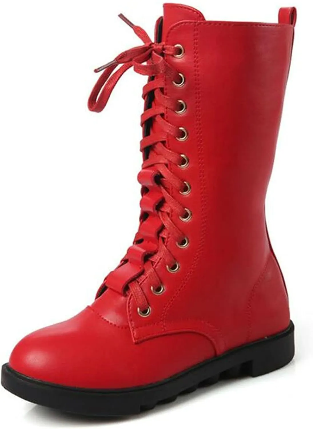 DADAWEN Kid's Girls Leather Lace-Up Zipper Mid Calf Combat Riding Winter Boots (Toddler/Little Kid/Big Kid)
