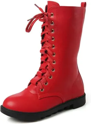 DADAWEN Kid's Girls Leather Lace-Up Zipper Mid Calf Combat Riding Winter Boots (Toddler/Little Kid/Big Kid)