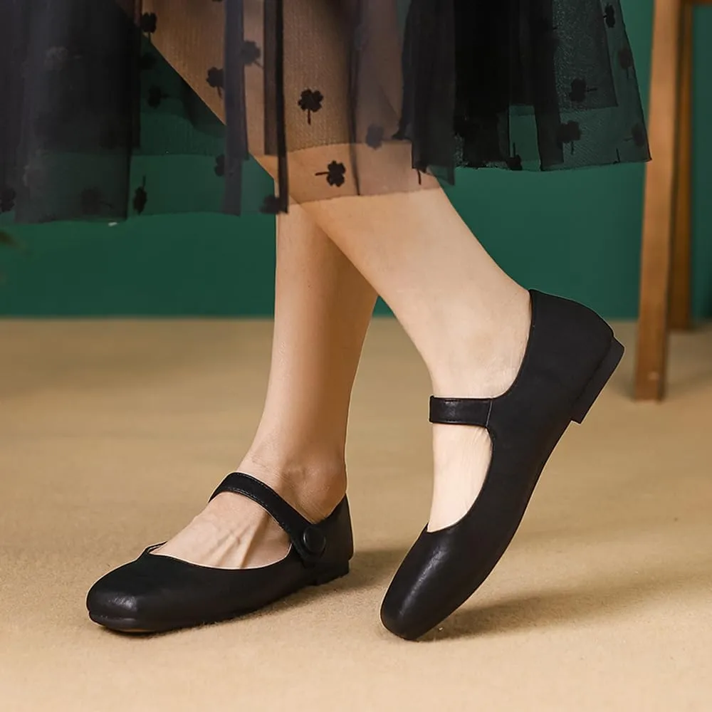 Dear Time Women's Square Toe Ballet Mary Jane Dress Flats Shoes Comfortable Black Brown Vintage Ballet Shoes for Women