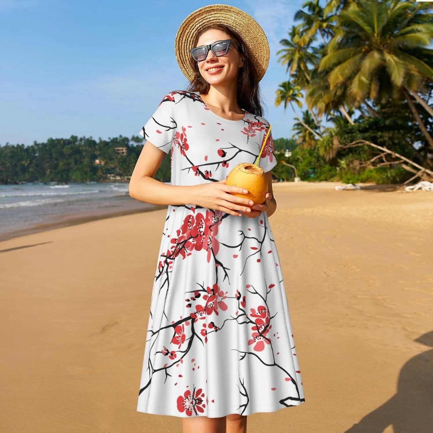 Delicate Cherry Blossoms Print Women's Short Sleeve Dress,Sundresses Summer A-Line Dress with Pockets