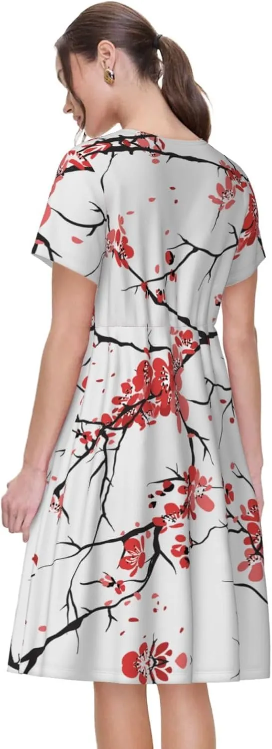Delicate Cherry Blossoms Print Women's Short Sleeve Dress,Sundresses Summer A-Line Dress with Pockets