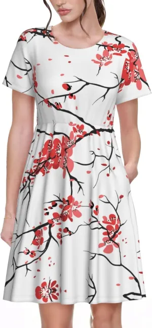 Delicate Cherry Blossoms Print Women's Short Sleeve Dress,Sundresses Summer A-Line Dress with Pockets