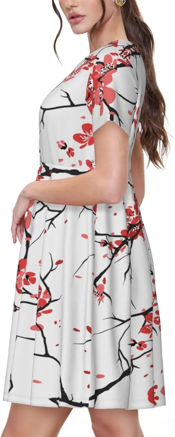 Delicate Cherry Blossoms Print Women's Short Sleeve Dress,Sundresses Summer A-Line Dress with Pockets