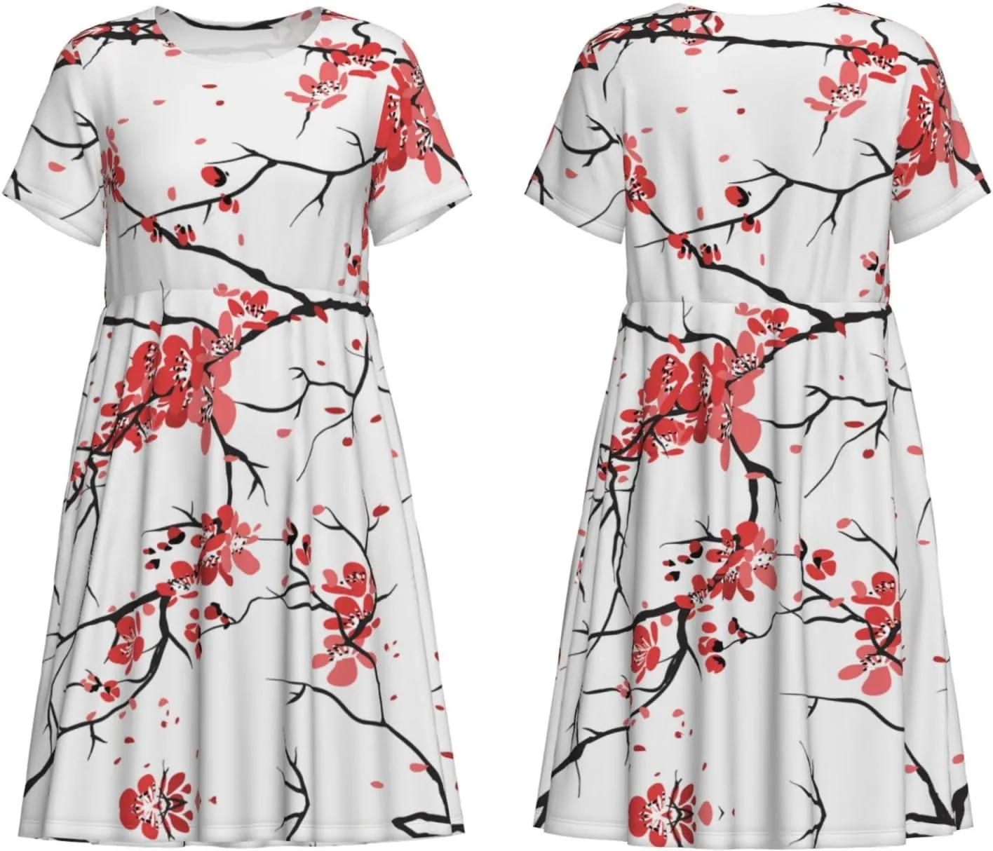 Delicate Cherry Blossoms Print Women's Short Sleeve Dress,Sundresses Summer A-Line Dress with Pockets