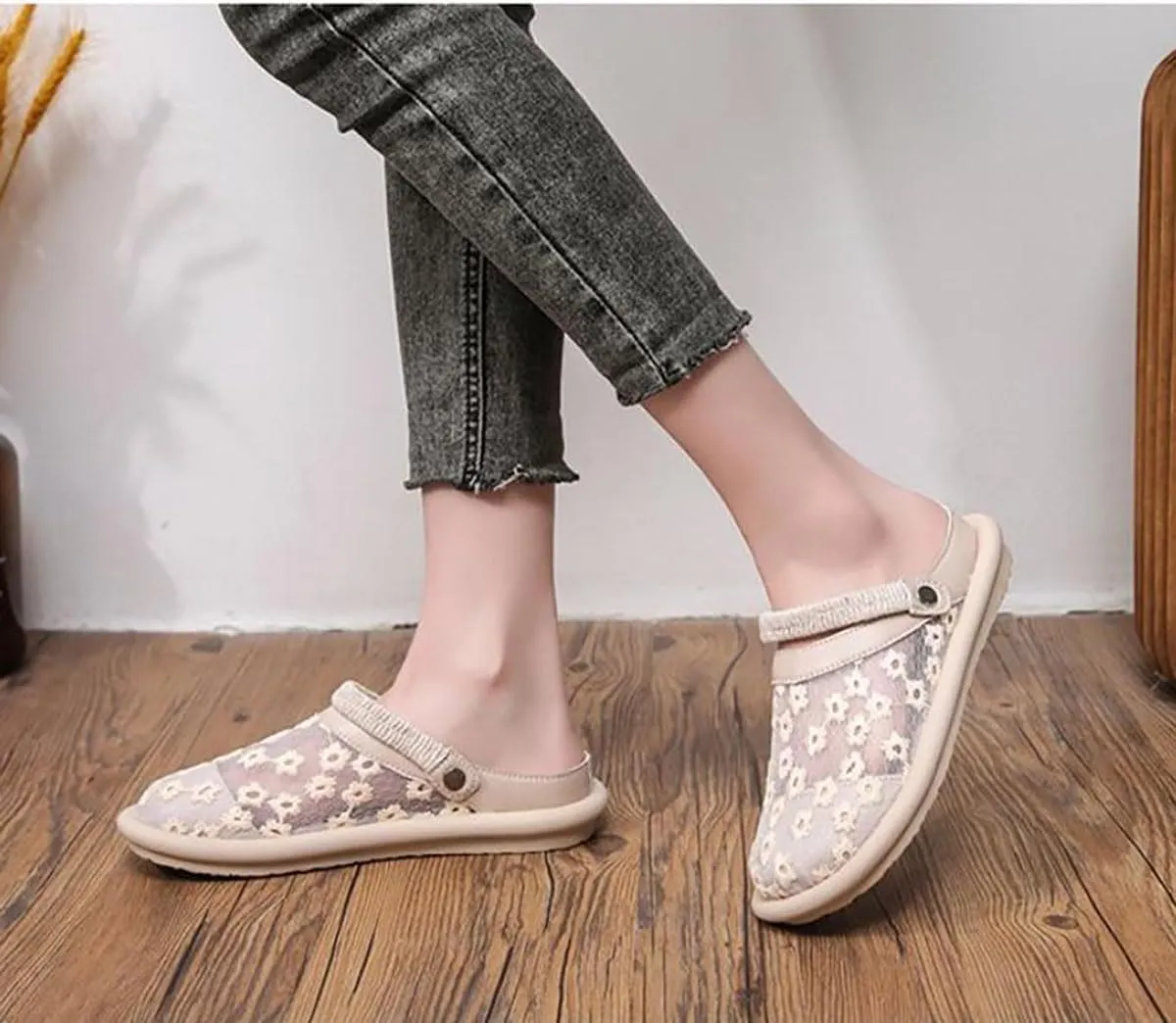 DESESE Women's Mesh Breathable Flat Sole Muller Shoes Non Slip Dual-purpose Backless Sandals Summer Flat Shoes with Adjustable Elastic Slingback Strap
