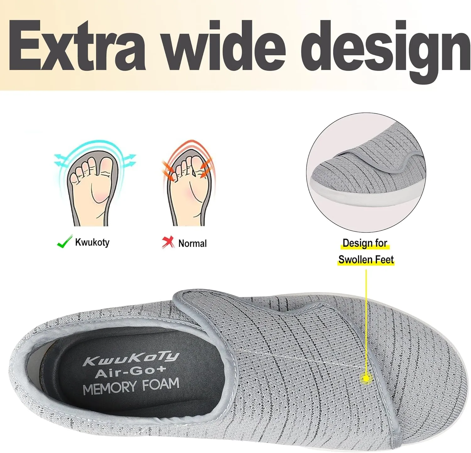 Diabetic Shoes for Men Wide Width Orthopedic Slip-on Shoes Adjustable Closure Walking Sneakers for Foot Pain Relief Swollen Feet