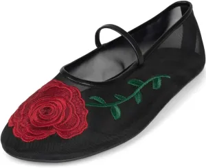 Divanne Mesh Ballet Flats for Women, Floral-Embroidered Tulle Mary Jane Flats Casual Comfortable Ballerina Shoes with Strap