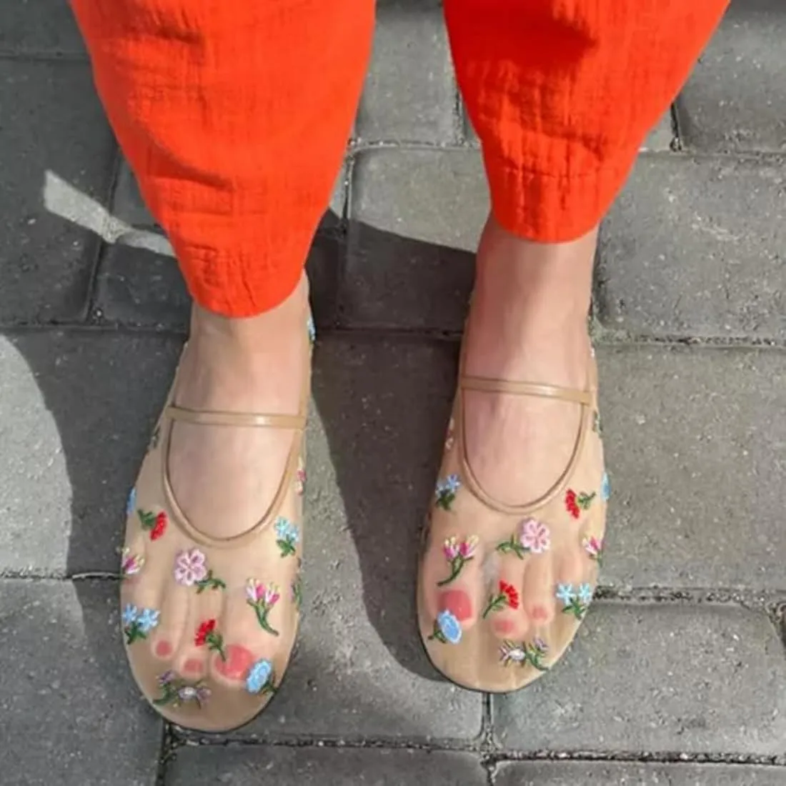 Divanne Mesh Ballet Flats for Women, Floral-Embroidered Tulle Mary Jane Flats Casual Comfortable Ballerina Shoes with Strap
