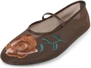 Divanne Mesh Ballet Flats for Women, Floral-Embroidered Tulle Mary Jane Flats Casual Comfortable Ballerina Shoes with Strap