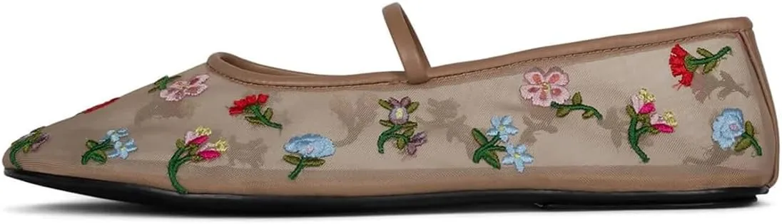 Divanne Mesh Ballet Flats for Women, Floral-Embroidered Tulle Mary Jane Flats Casual Comfortable Ballerina Shoes with Strap
