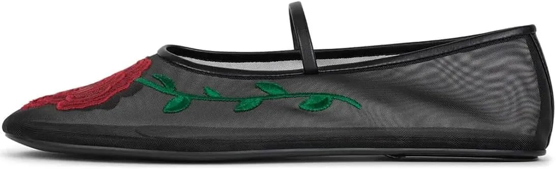 Divanne Mesh Ballet Flats for Women, Floral-Embroidered Tulle Mary Jane Flats Casual Comfortable Ballerina Shoes with Strap