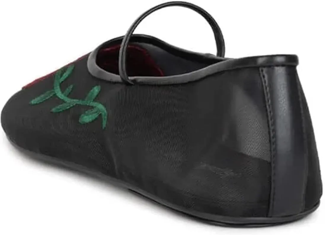 Divanne Mesh Ballet Flats for Women, Floral-Embroidered Tulle Mary Jane Flats Casual Comfortable Ballerina Shoes with Strap