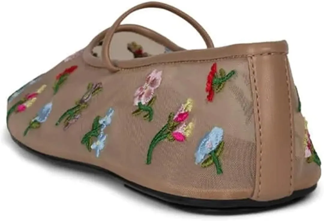 Divanne Mesh Ballet Flats for Women, Floral-Embroidered Tulle Mary Jane Flats Casual Comfortable Ballerina Shoes with Strap