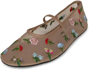 Divanne Mesh Ballet Flats for Women, Floral-Embroidered Tulle Mary Jane Flats Casual Comfortable Ballerina Shoes with Strap