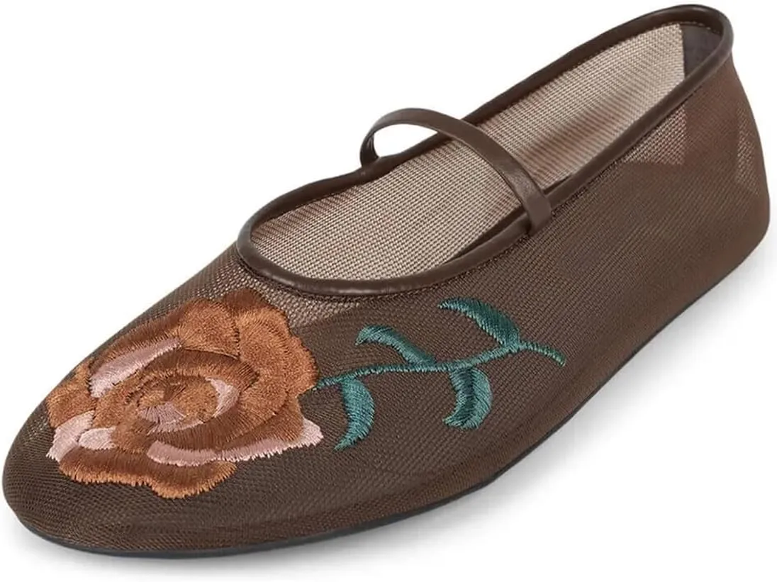 Divanne Mesh Ballet Flats for Women, Floral-Embroidered Tulle Mary Jane Flats Casual Comfortable Ballerina Shoes with Strap