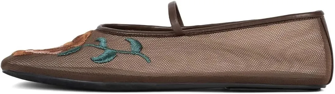 Divanne Mesh Ballet Flats for Women, Floral-Embroidered Tulle Mary Jane Flats Casual Comfortable Ballerina Shoes with Strap