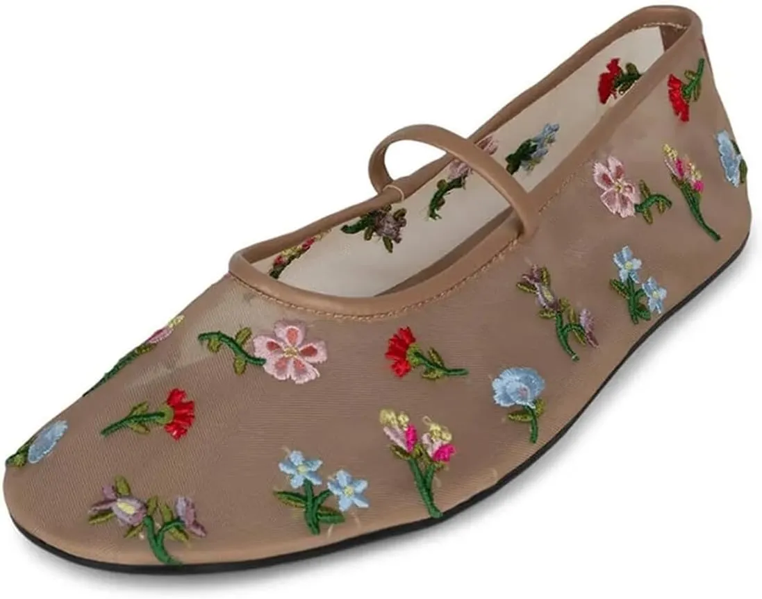 Divanne Mesh Ballet Flats for Women, Floral-Embroidered Tulle Mary Jane Flats Casual Comfortable Ballerina Shoes with Strap