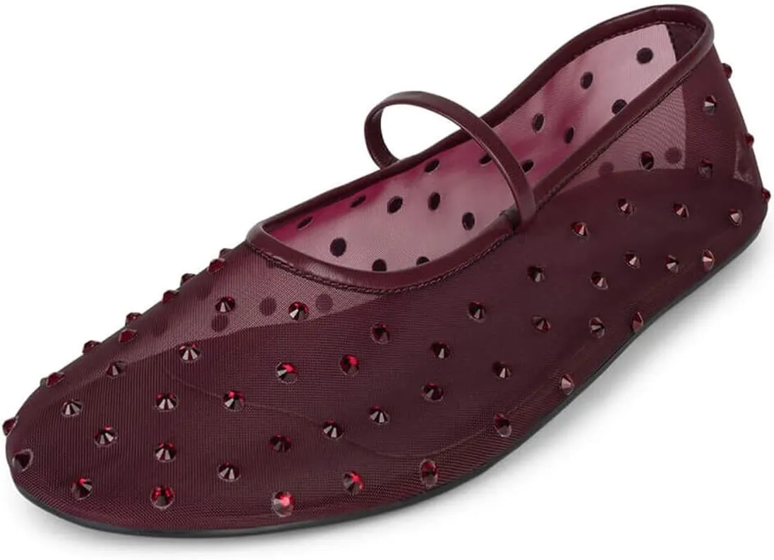 Divanne Mesh Ballet Flats for Women, Rhinestone Ballerina Shoes Crystal-Embellished Mary Jane Flats Mesh Flat Shoes